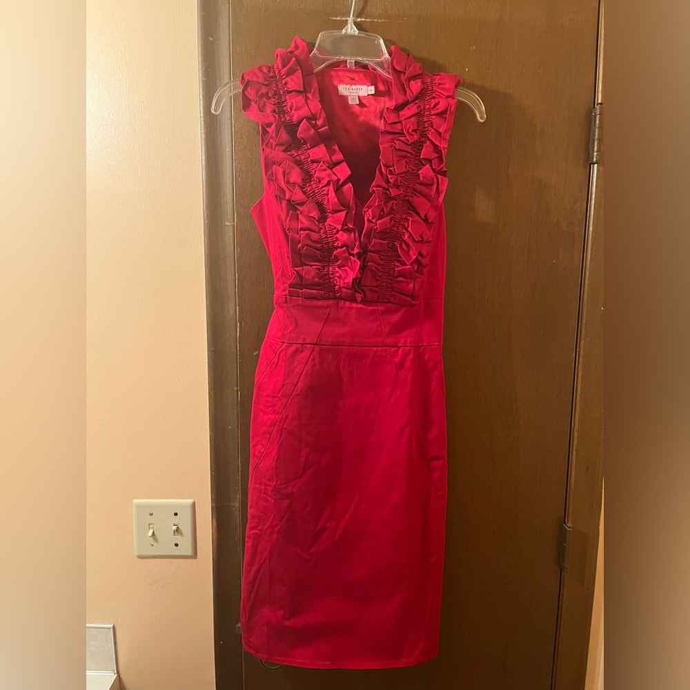 LAST CHANCE | Ted Baker London red ruffle neck belted sheath dress - Picture 2 of 8